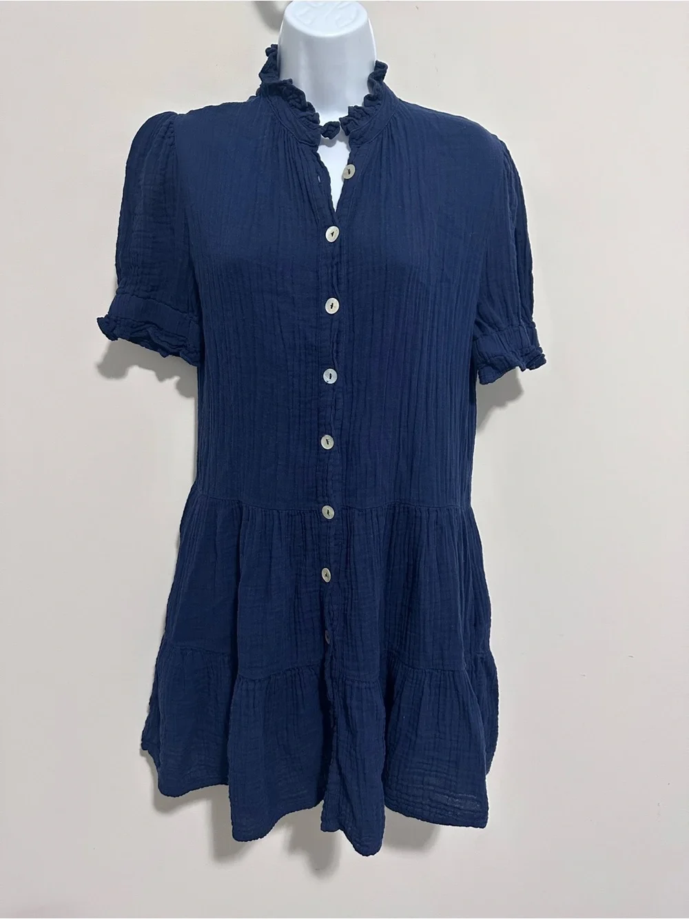 Stark X Navy Cotton Gauze Tiered Button Front Mini Dress | Ruffle Collar - Picture 2 of 10